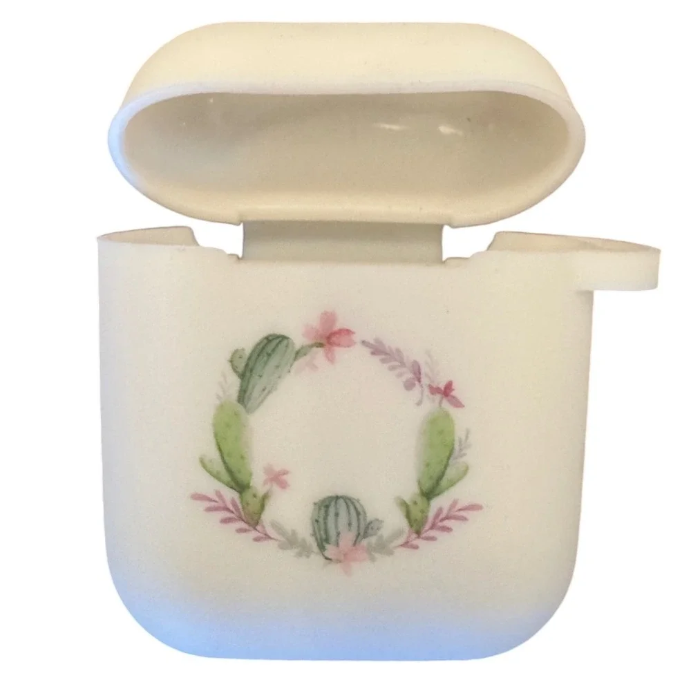 White Silicone AirPods Case Cactus Floral Wreath Boho Cover 1st 2nd Gen